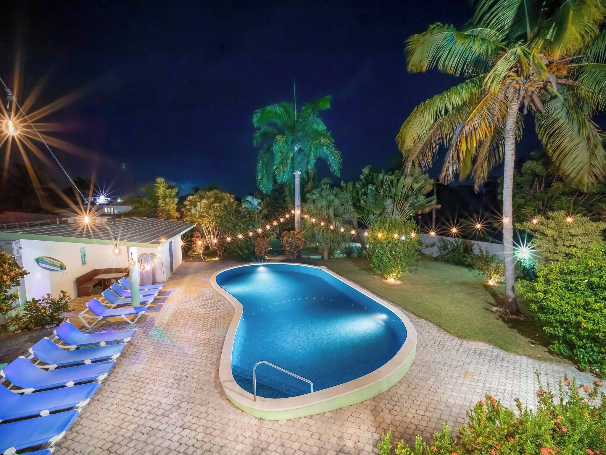 A swimming pool with lounge chairs, surrounded by greenery and string lights.
