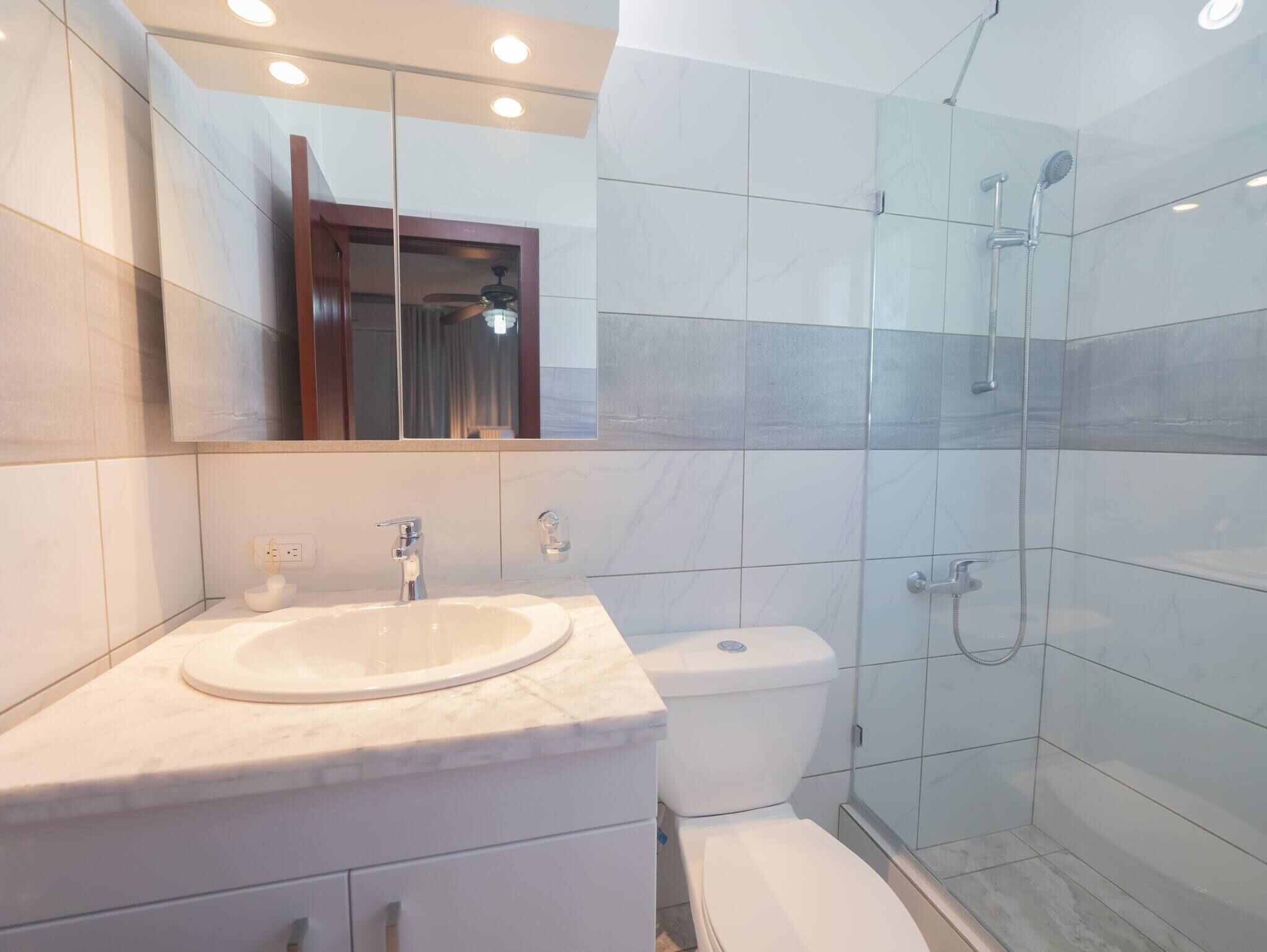 A modern bathroom with a sink, mirror, toilet, and shower.