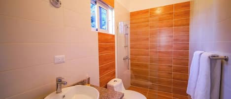 A bathroom with a sink, toilet, and shower.