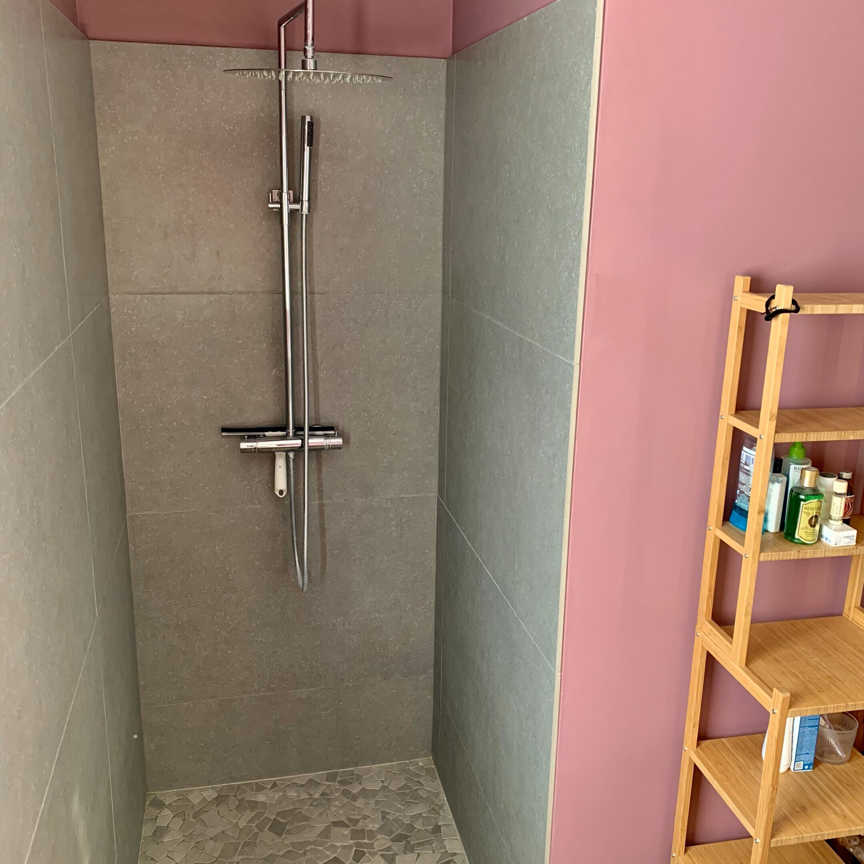 A shower with a handheld showerhead and a wall-mounted faucet.