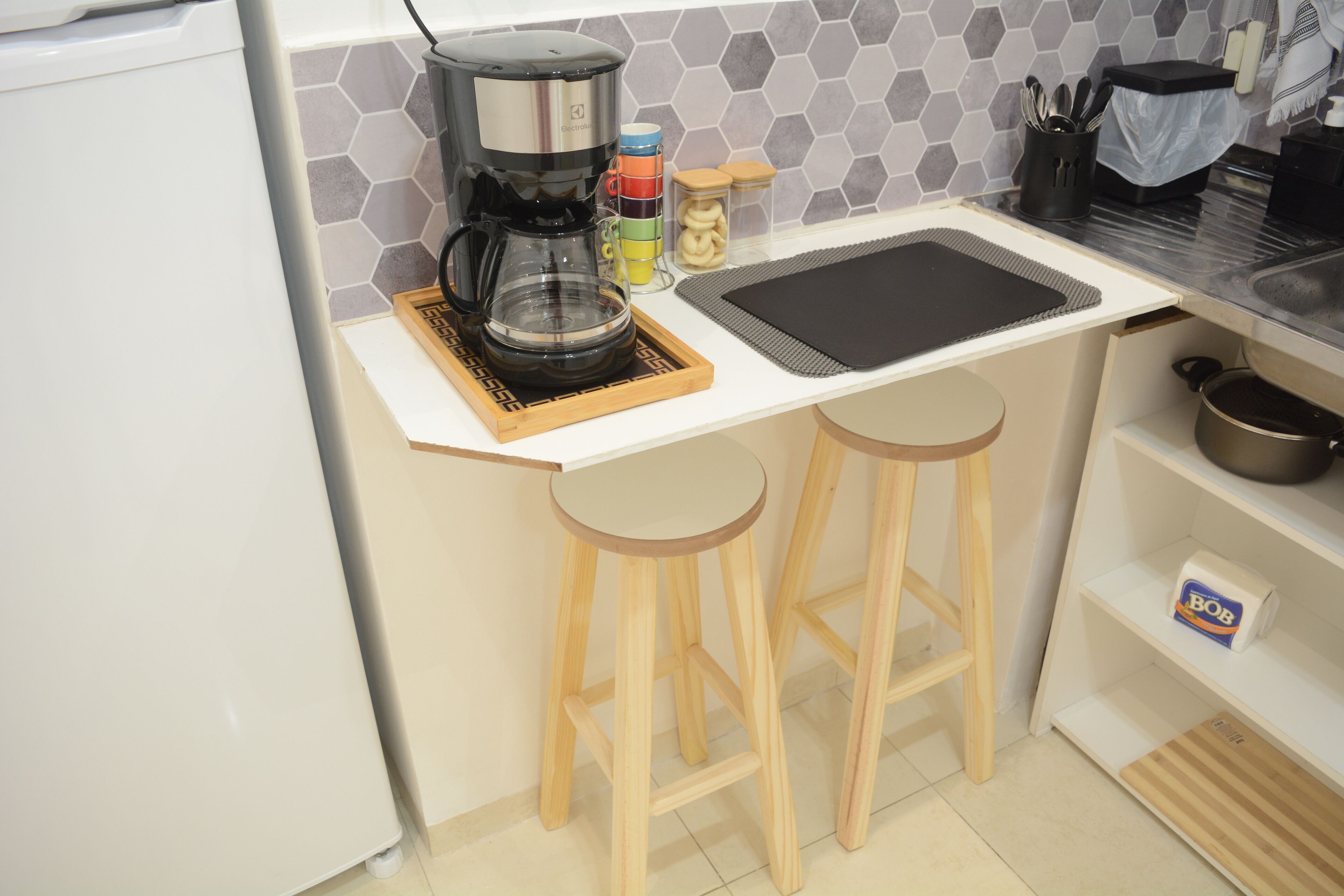 Fridge, microwave, stovetop, coffee/tea maker