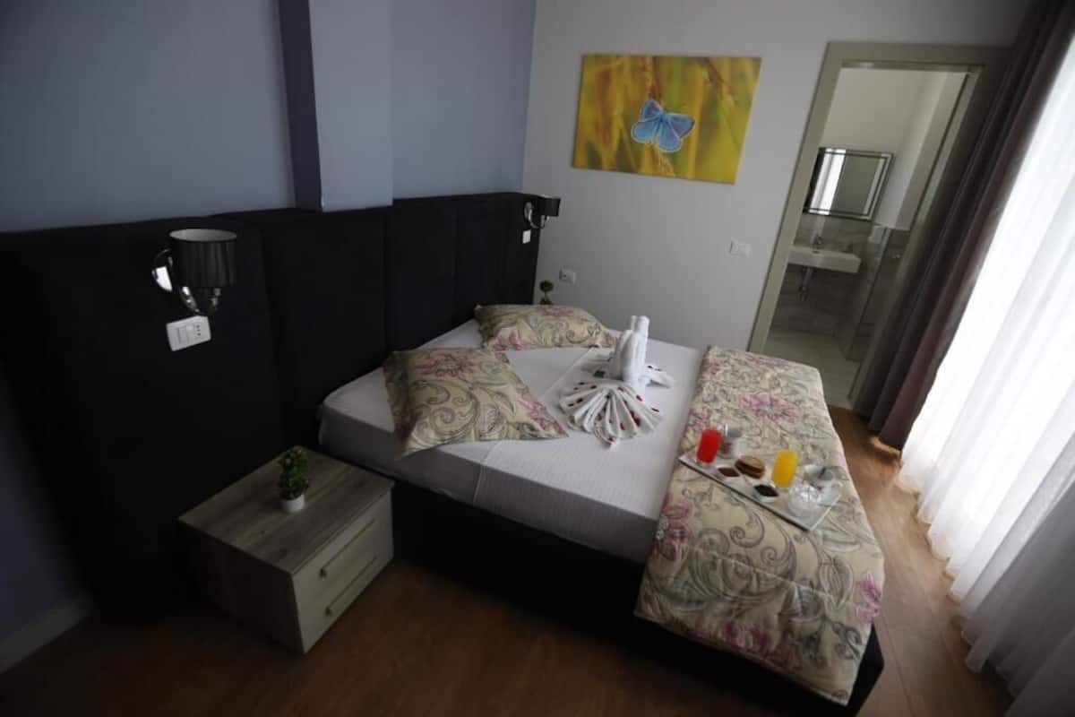 A hotel room with a bed, bedside table, and a small plant.