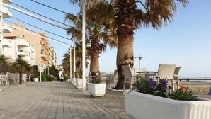 A paved walkway lined with palm trees and white planters with flowers. - Perandor Beach Hotel (Durrës)