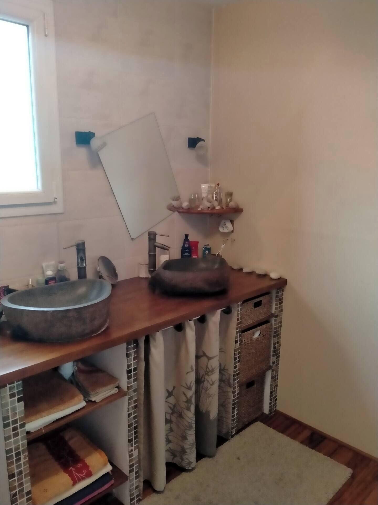 Shower, rainfall showerhead, hair dryer, towels