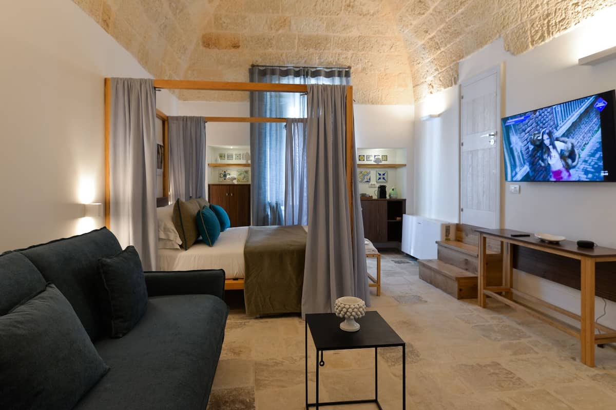 Une chambre moderne avec un lit à baldaquin, une télévision et un coin salon confortable.