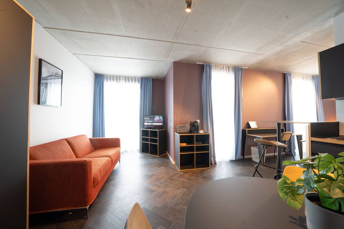 A modern living room with a sofa, a dining area with a table and chairs, a TV, and a plant.