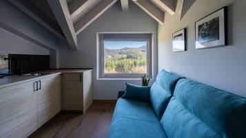 Eine moderne Küche mit Holzausstattung, einem Einbauherd und einem Fenster mit Blick auf eine Berglandschaft.