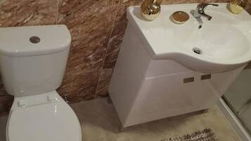 Shower, bidet, towels, soap