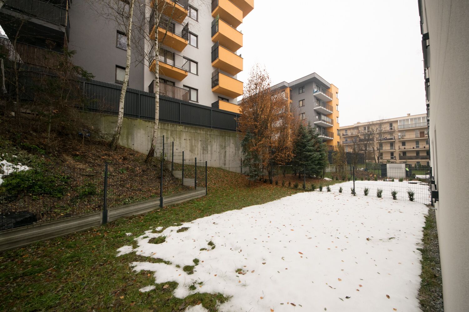 Une cour enneigée, avec des immeubles d’habitation en arrière-plan.