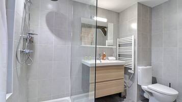 Shower, hair dryer, towels