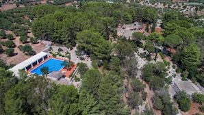 An aerial view of a property with a swimming pool, surrounded by dense trees and a mix of open land. - 837 Masseria Colosso - Liama (Patu)
