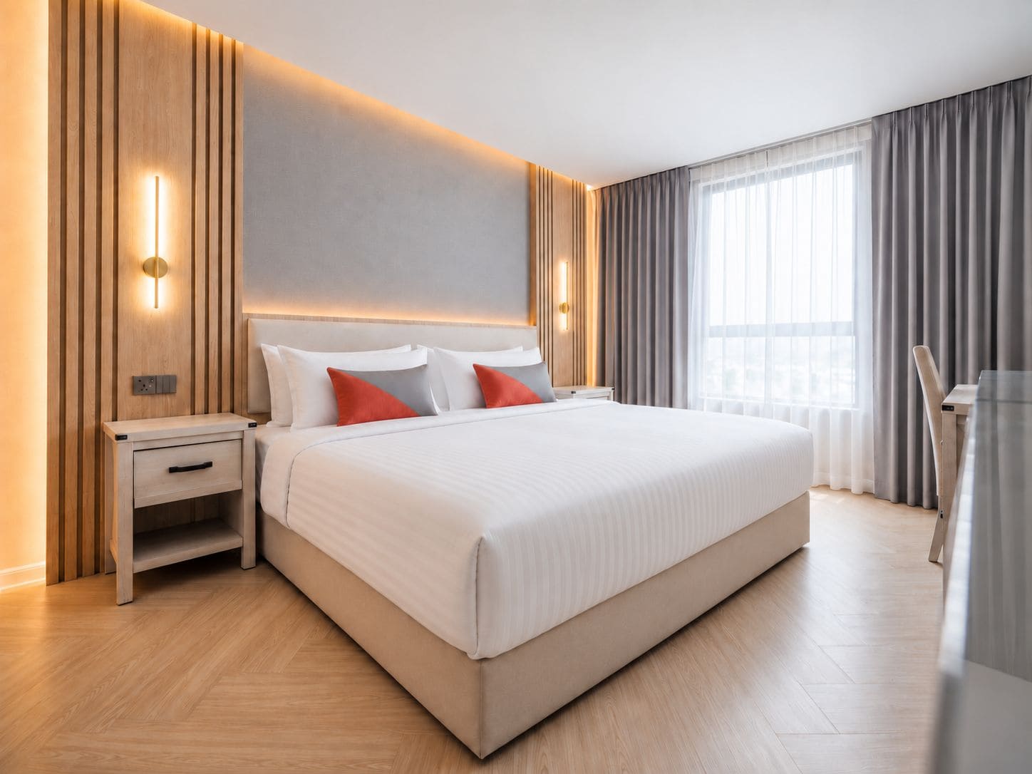 A modern hotel room with a large bed, bedside tables, and a view of the city through the window.