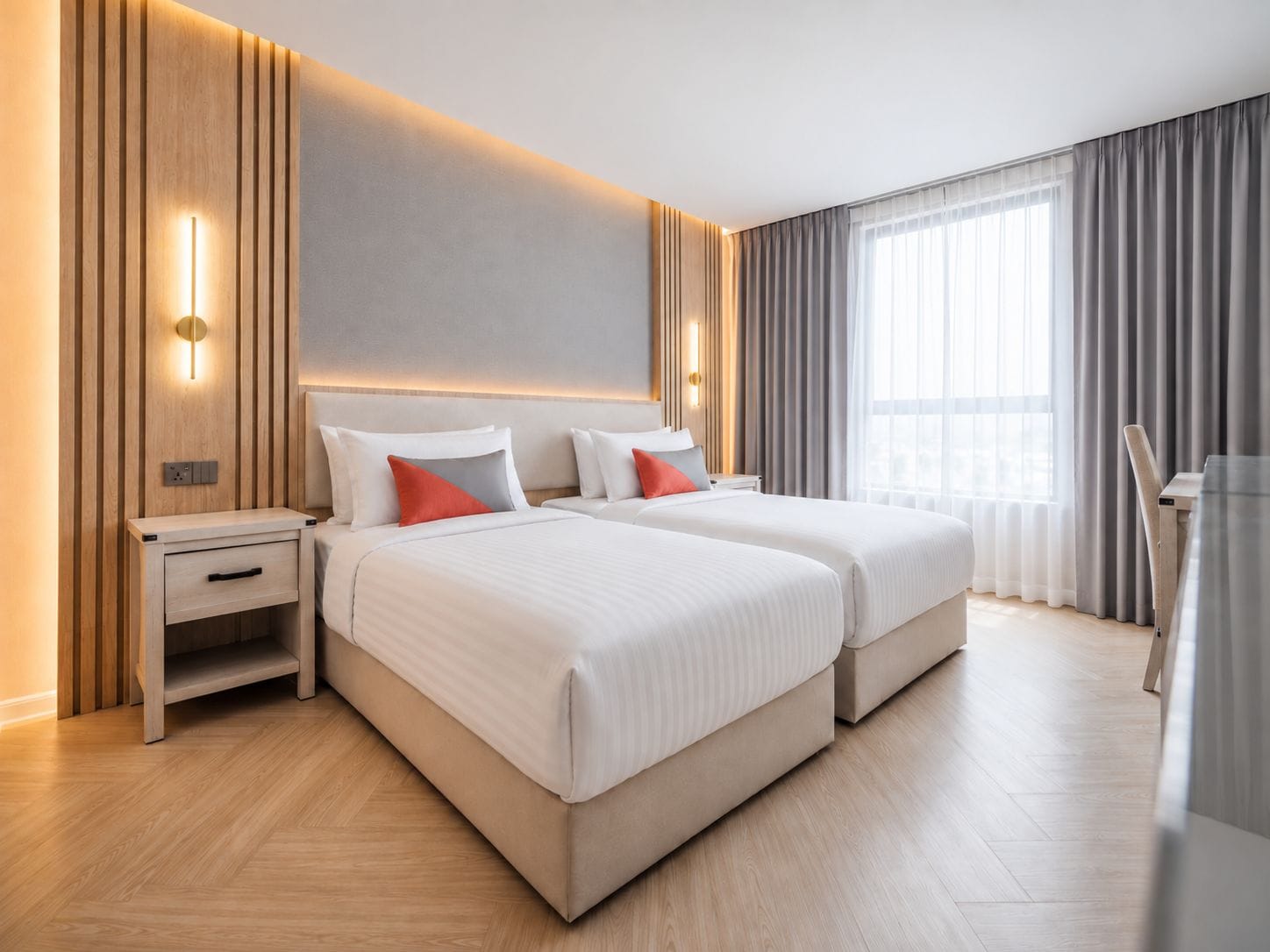 A hotel room with two beds, a nightstand, a desk, and a large window with curtains.