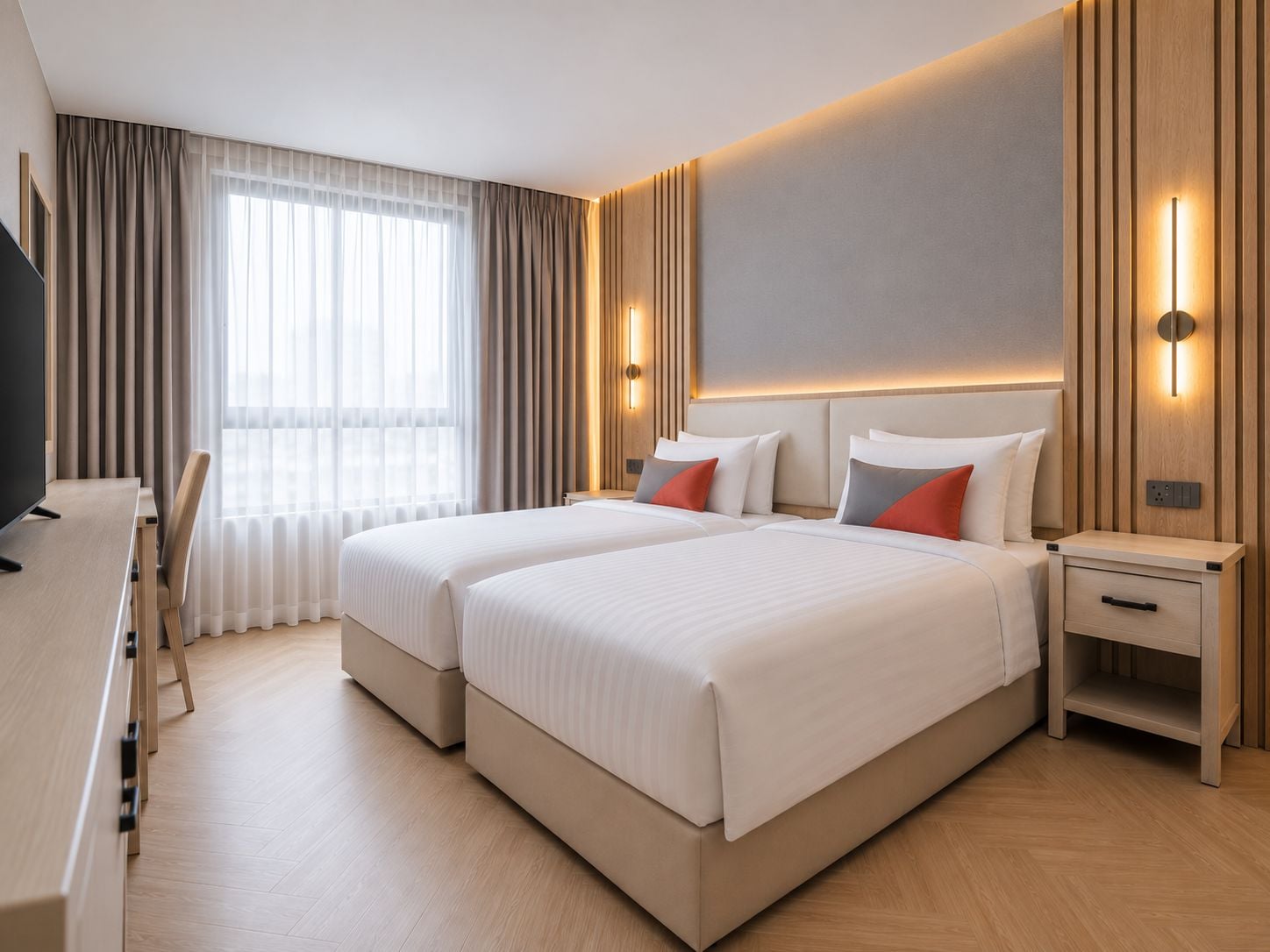 Habitación de hotel con dos camas, un escritorio y una televisión.