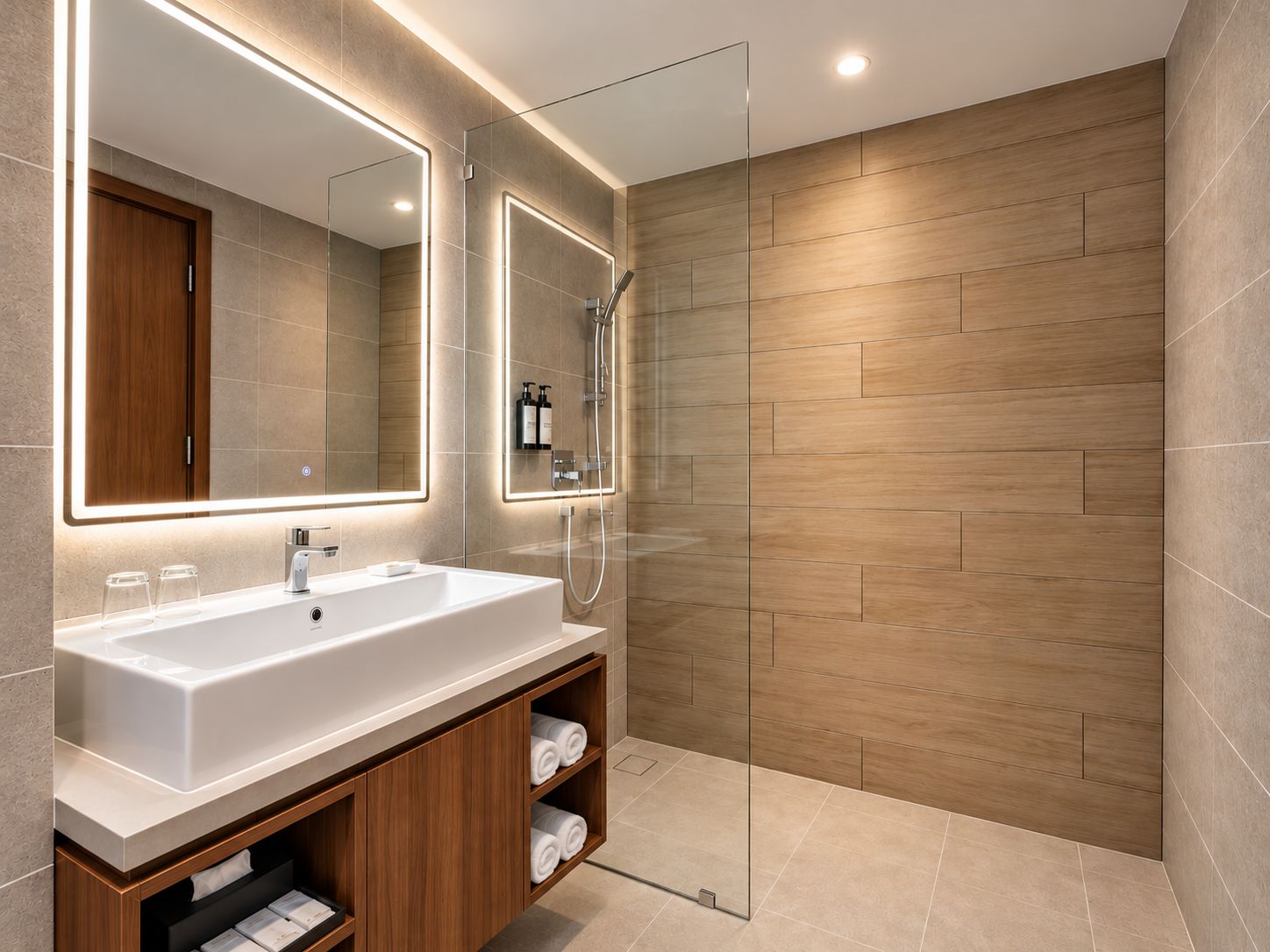 Une salle de bain moderne avec un grand miroir, un lavabo et une douche.