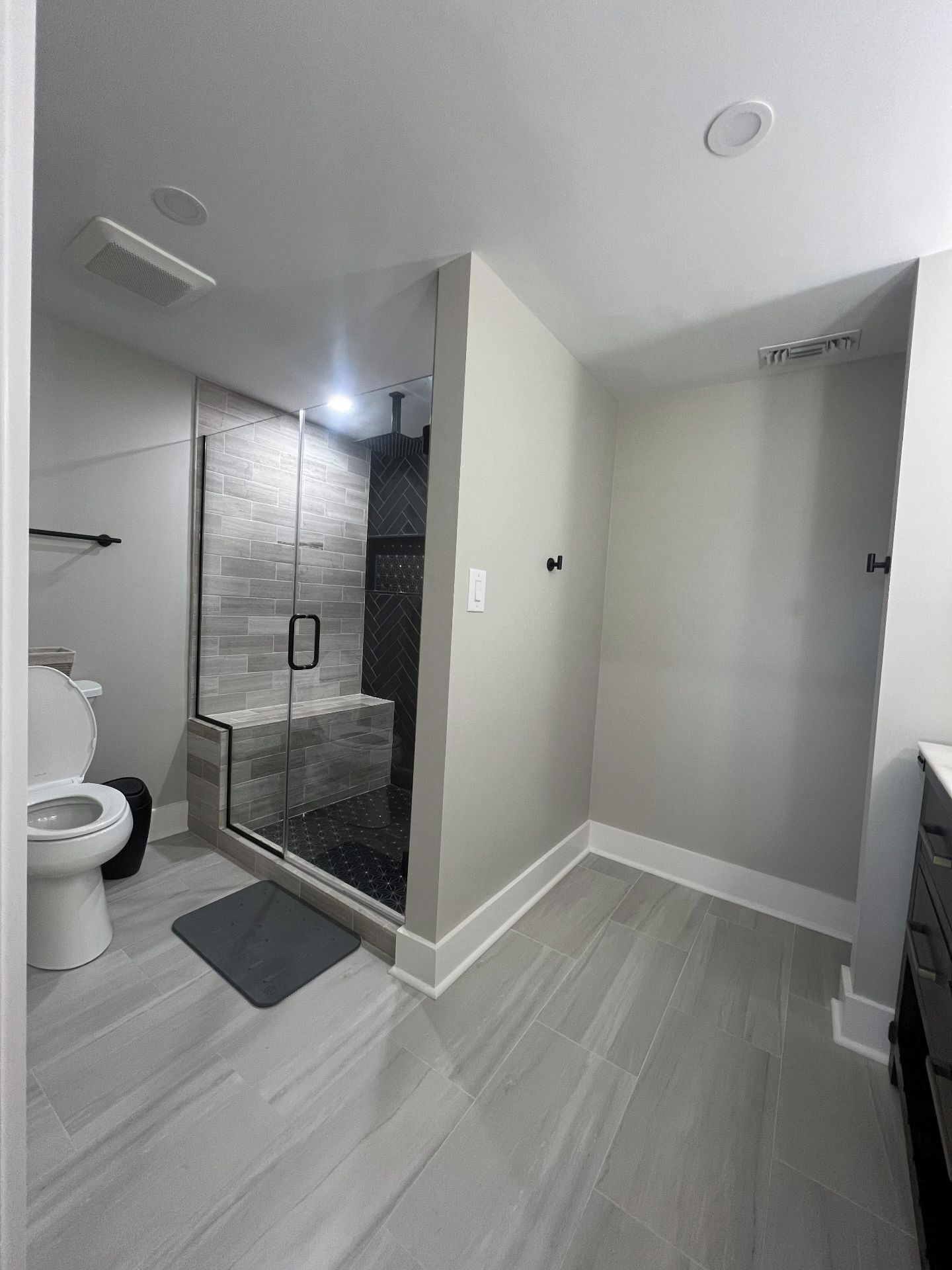 A modern bathroom with a glass-enclosed shower, a toilet, and a vanity area.