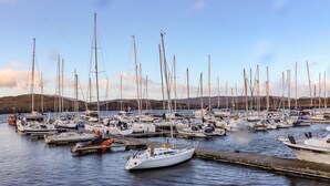 Ein Yachthafen mit zahlreichen Segelbooten, die an hölzernen Stegen vertäut sind.