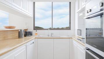 A modern kitchen with white cabinetry, a wooden countertop, a double sink, and a large window providing a view of the sky.