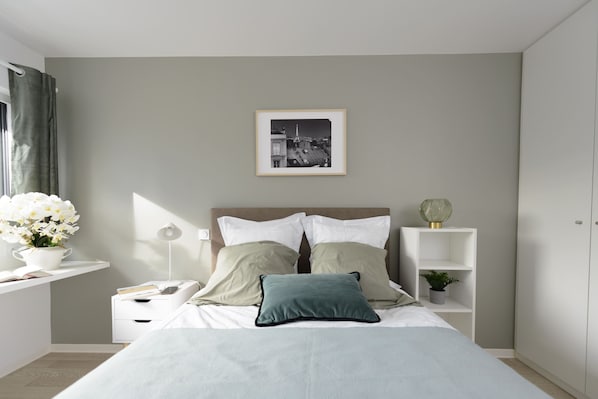 Premium bedding, individually furnished, laptop workspace