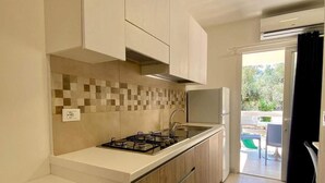 Eine moderne Küche mit Gaskochfeld, Spüle und Holzschränken.