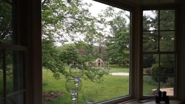 A view from a window with two wine glasses on the sill, overlooking a grassy yard and a house. - Secluded Private Guesthouse - Doylestown Twp

 (Doylestown)