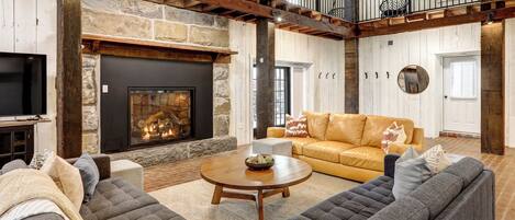 Smart TV, fireplace, DVD player, foosball