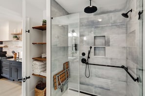 Hair dryer, towels, soap, shampoo