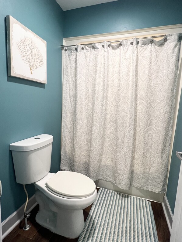A bathroom with a toilet, a patterned shower curtain, a striped rug, and a framed picture on the wall.