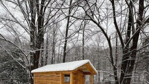Une cabane en bois, dont le toit est recouvert de neige, entourée d’arbres dans une forêt enneigée.