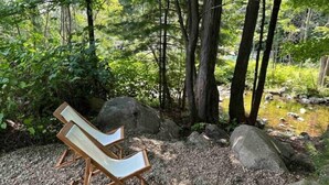 Un banc en bois, situé dans une zone boisée, près d’un petit ruisseau.