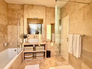 Shower, free toiletries, hair dryer, towels