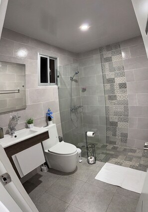 Shower, hair dryer, towels, soap