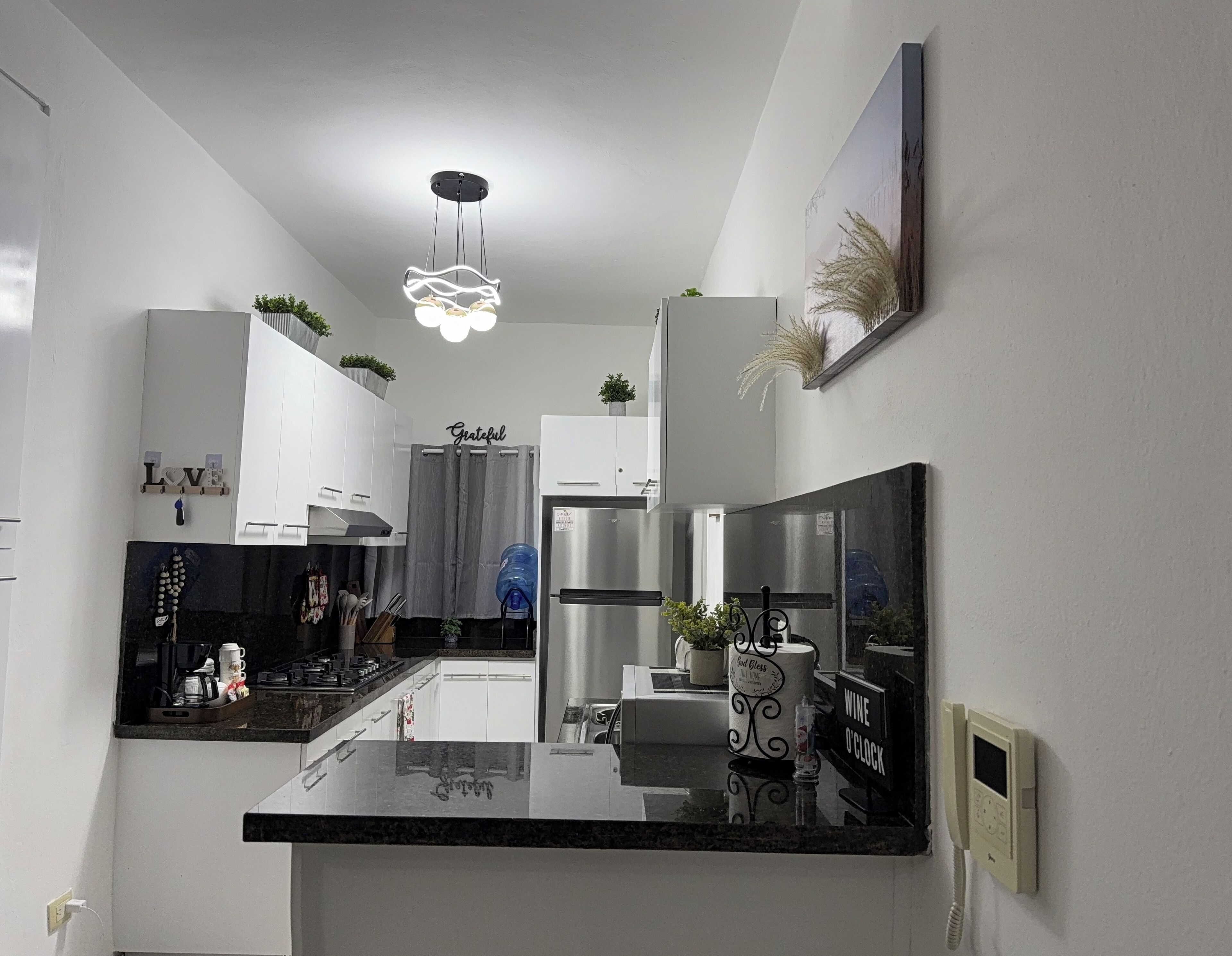 Kjøleskap, mikrobølgeovn, kokeplater og kaffetrakter/tekoker