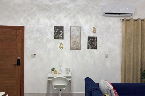 Desk and desk chair for remote work in the living room.