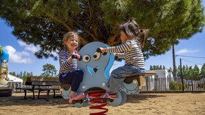 Two children playing on a seesaw with a face design, set in a sandy outdoor area with trees and a fence in the background.