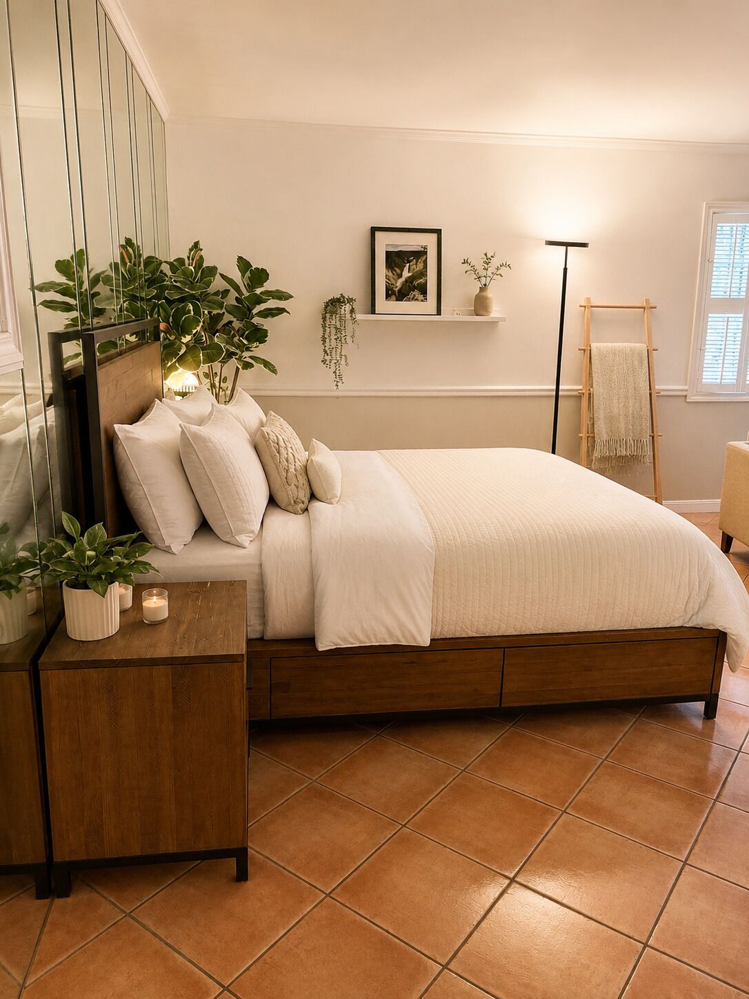 Une chambre à coucher comprenant un lit, des tables de chevet, un miroir, une étagère murale avec des plantes, une lampe sur pied et une fenêtre avec des stores.