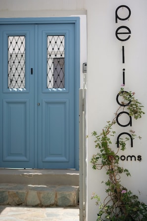 A blue door with a window, a white wall with the text 'pelican rooms' and a climbing plant. - Pelican Paros  (Paros)