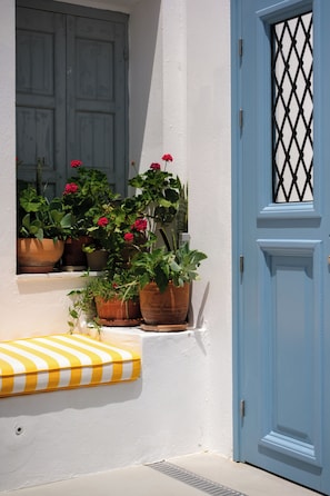 A blue door with a metal grille, a white wall, and potted plants on a ledge. - Pelican Paros  (Paros)