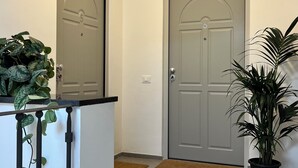 Un pasillo con dos puertas, una planta en maceta y un felpudo.