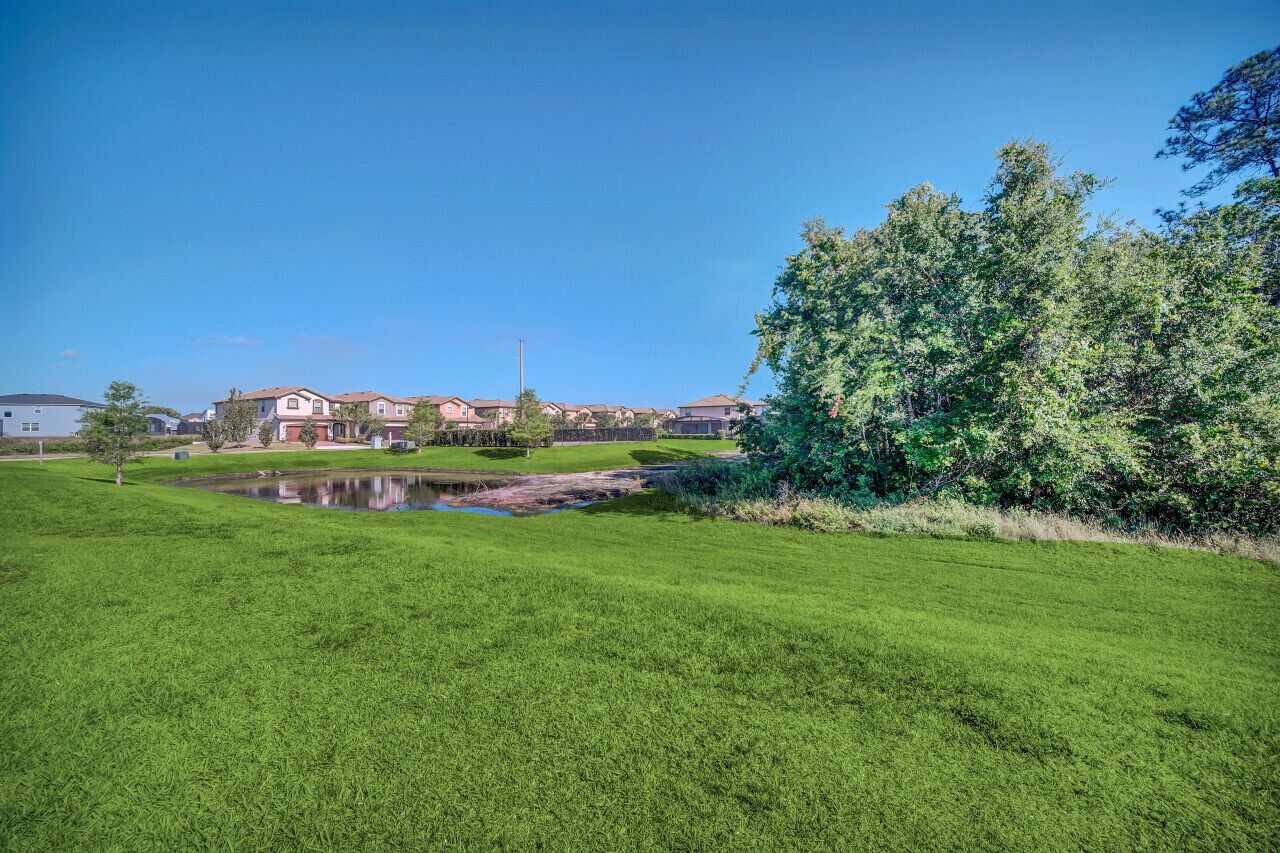 A residential area with houses, a pond, and a large tree.