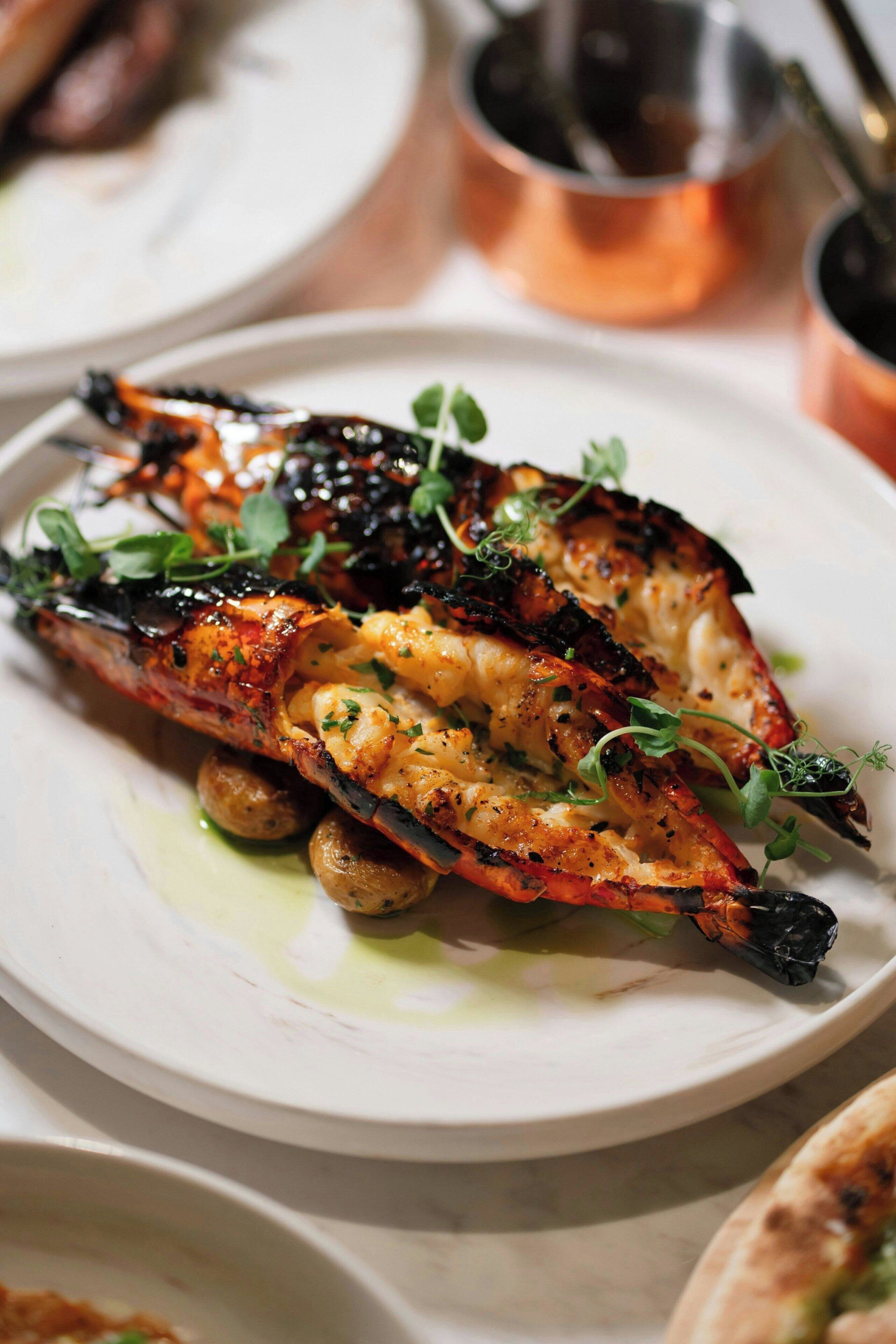 A plate with grilled fish and potatoes, garnished with herbs.