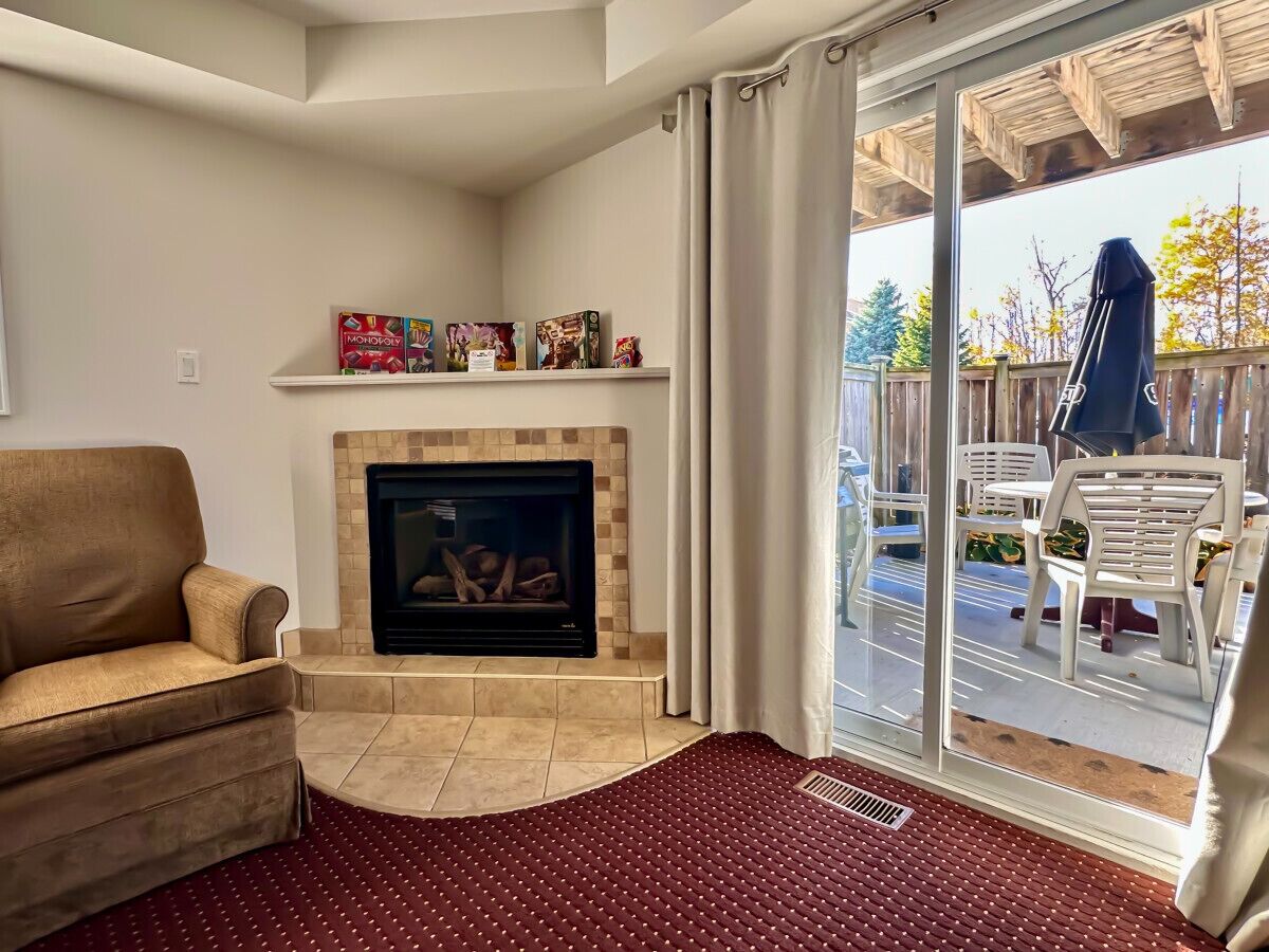 Smart TV, fireplace, books