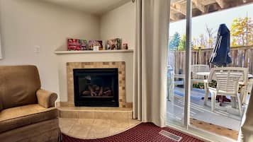 Smart TV, fireplace, books