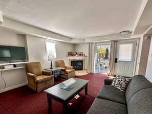 Smart TV, fireplace, books