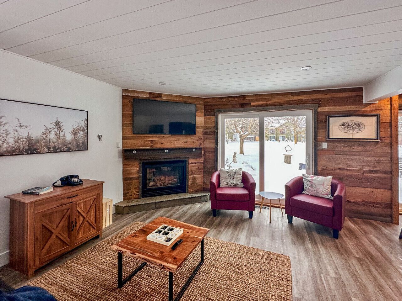 Smart TV, fireplace, books