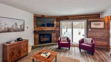 Smart TV, fireplace, books