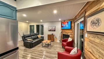 Smart TV, fireplace, books