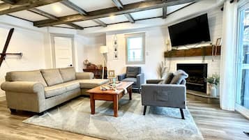 Smart TV, fireplace, books