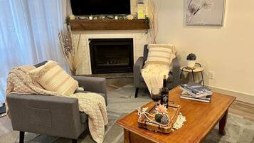 Smart TV, fireplace, books