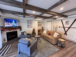 Smart TV, fireplace, books